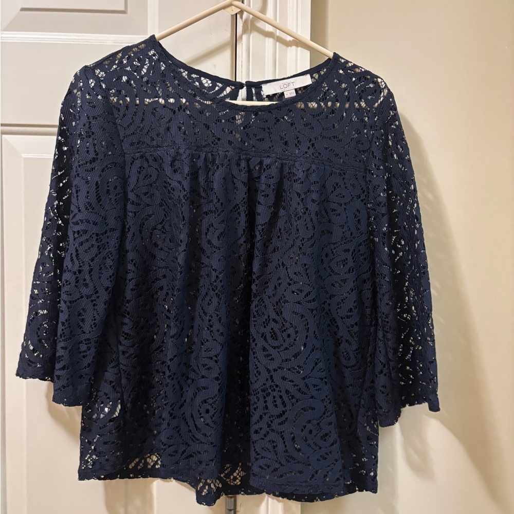 LOFT Navy Blue Lace Bell Sleeve Top - Size M